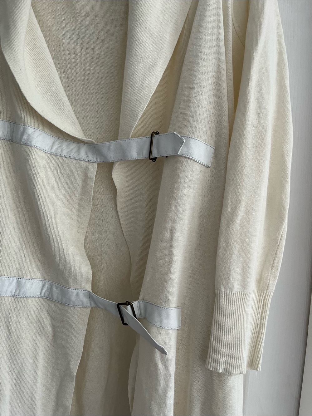 Ivory Drape Front Cardigan with Buckle Details, size L.